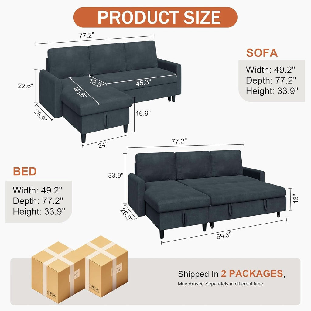 Dark Grey LShaped Convertible Sleeper Sofa Durable ShipItFurniture