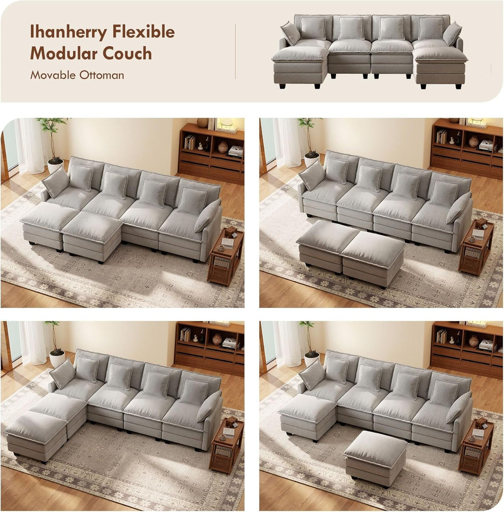 106-Inch U-Shaped Modular Sectional Sofa with Ottoman, Grey Chenille ShipItFurniture