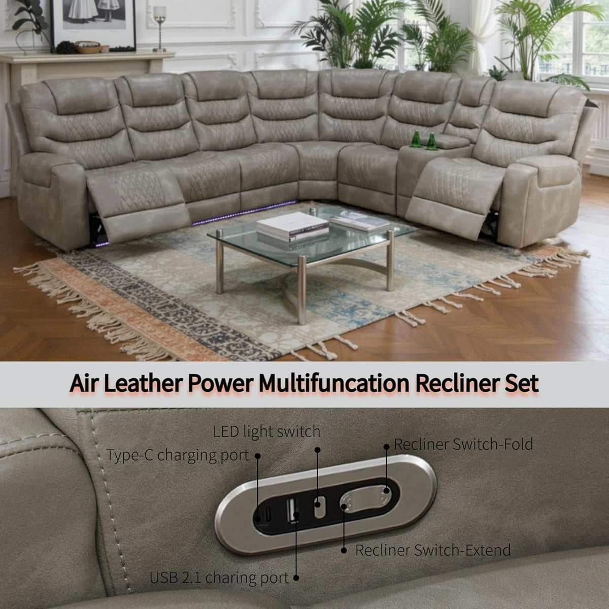 Grey Ergonomically Designed Motorized Reclining USB Sofa Set ShipItFurniture