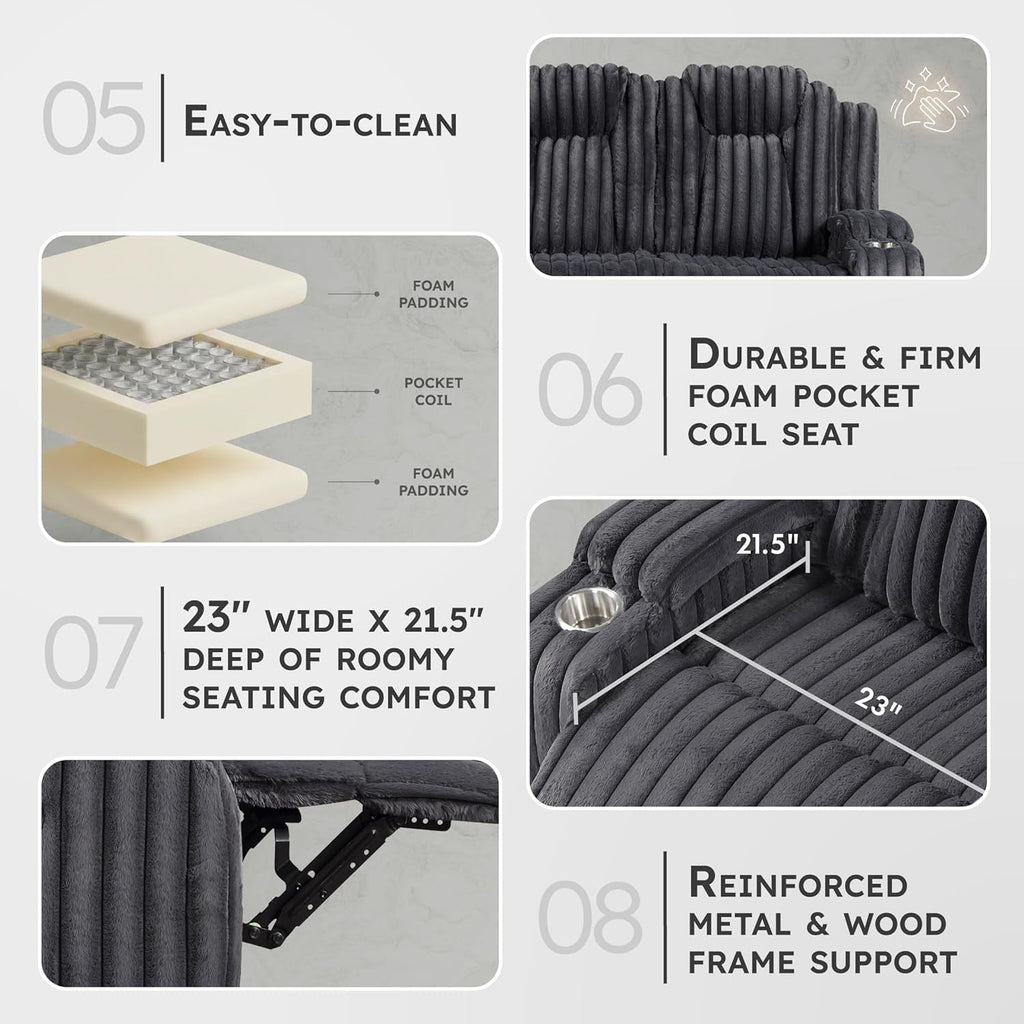 Corduroy Manual Reclining Sofa Dark Gray Three Seater ShipItFurniture