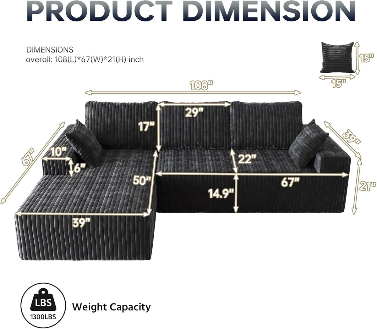108-Inch Modular Sectional Couch With Oversized Chaise ShipItFurniture