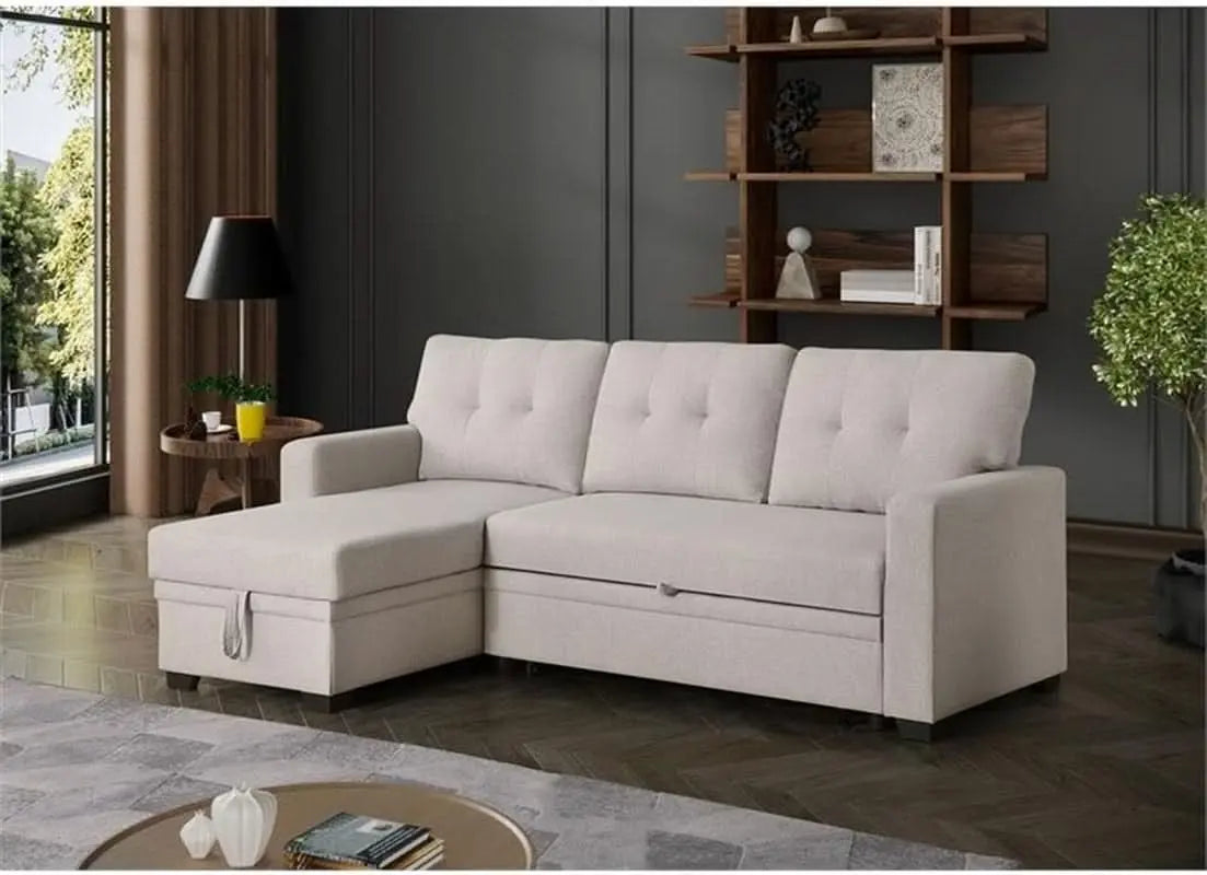 Beige L Shaped Convertible Sleeper Sectional Couch ShipItFurniture