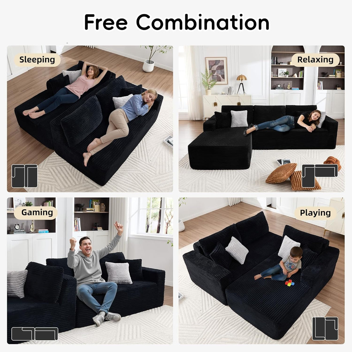 108 Inches Left Facing High End Sectional Sofa Black ShipItFurniture