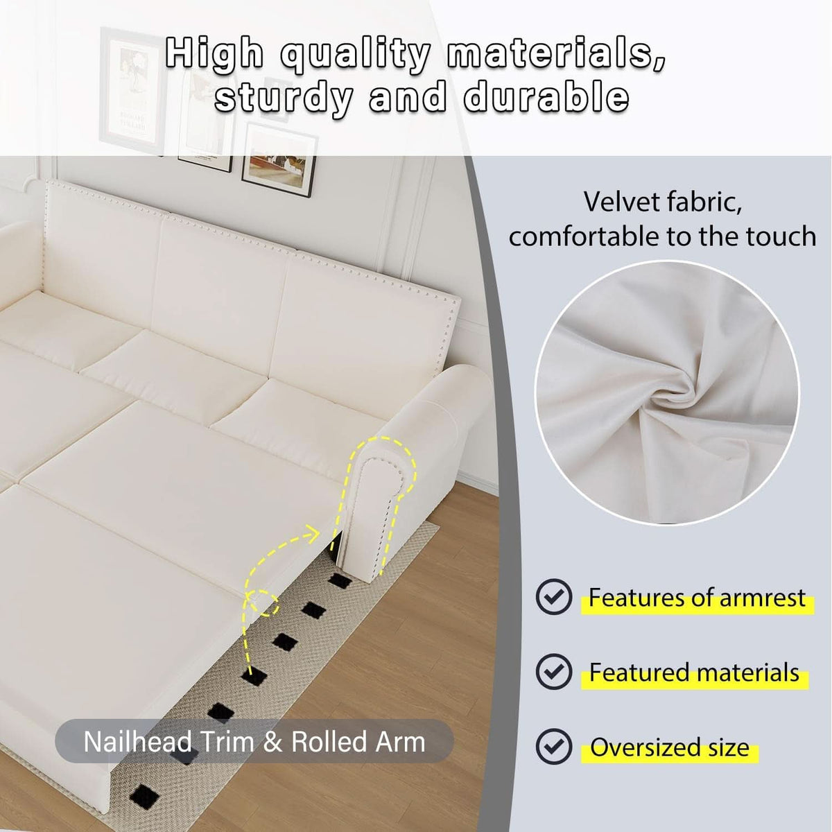 King Size Multifunctional Sleeper Sofa Beige Velvet ShipItFurniture