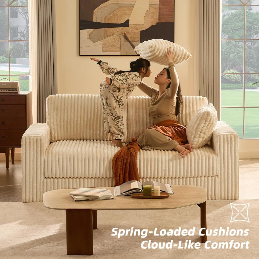 White Eighty Inch Corduroy Upholstered Sofa Cushions ShipItFurniture