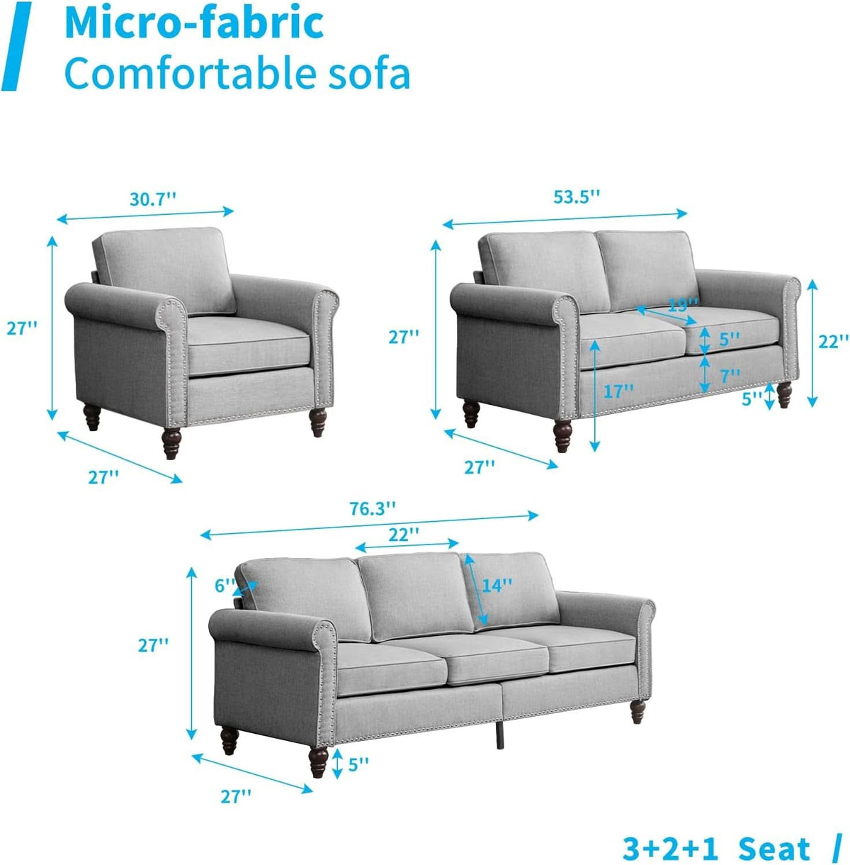 Light Grey Small Space Living Room Couch Set With Loveseat ShipItFurniture