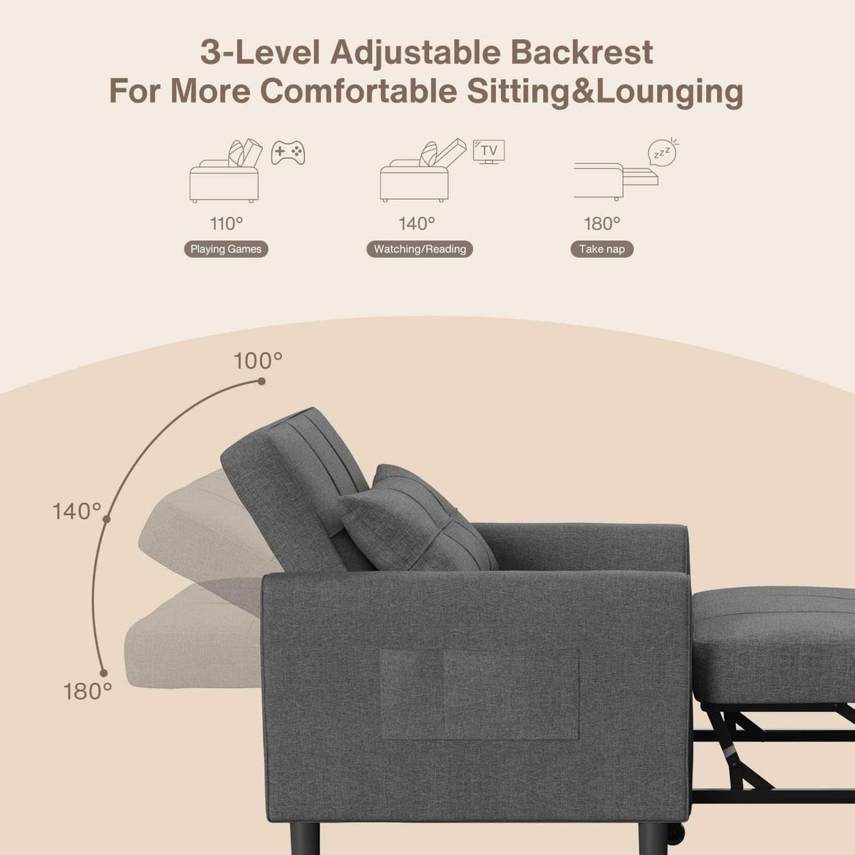 Dark Gray Sleeper Chair Bed Three In One Convertible Modern Linen Fabric Sofa ShipItFurniture