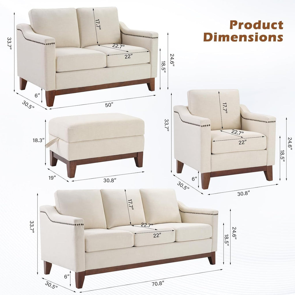 Beige ThreeSeater Upholstered Sofa With Nailhead Trim ShipItFurniture