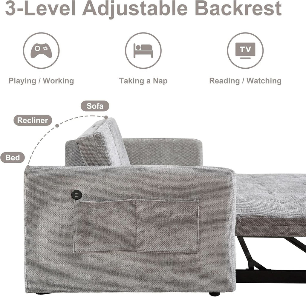57 Inch Convertible Sofa Bed With USB Charging Ports Grey ShipItFurniture