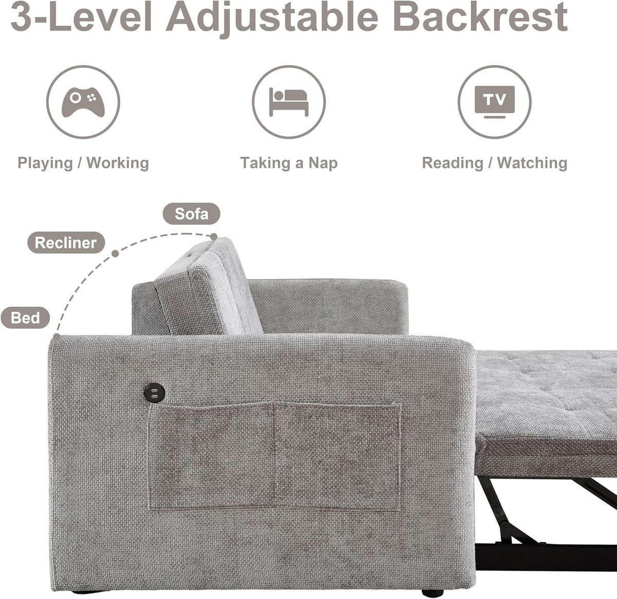57 Inch Convertible Sofa Bed With USB Charging Ports Grey ShipItFurniture