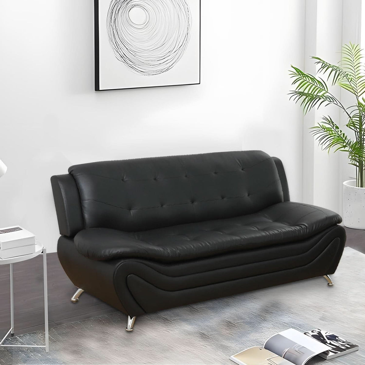 3 Piece Faux Leather Sofa Set For Living Room Black 3 Seater Sofa Loveseat Armchair ShipItFurniture