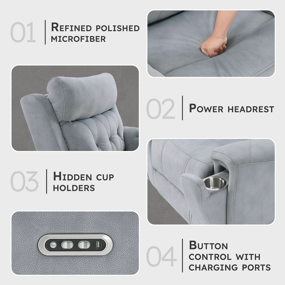 Power Double Reclining Sofa Gray Microfiber Cushioned ShipItFurniture
