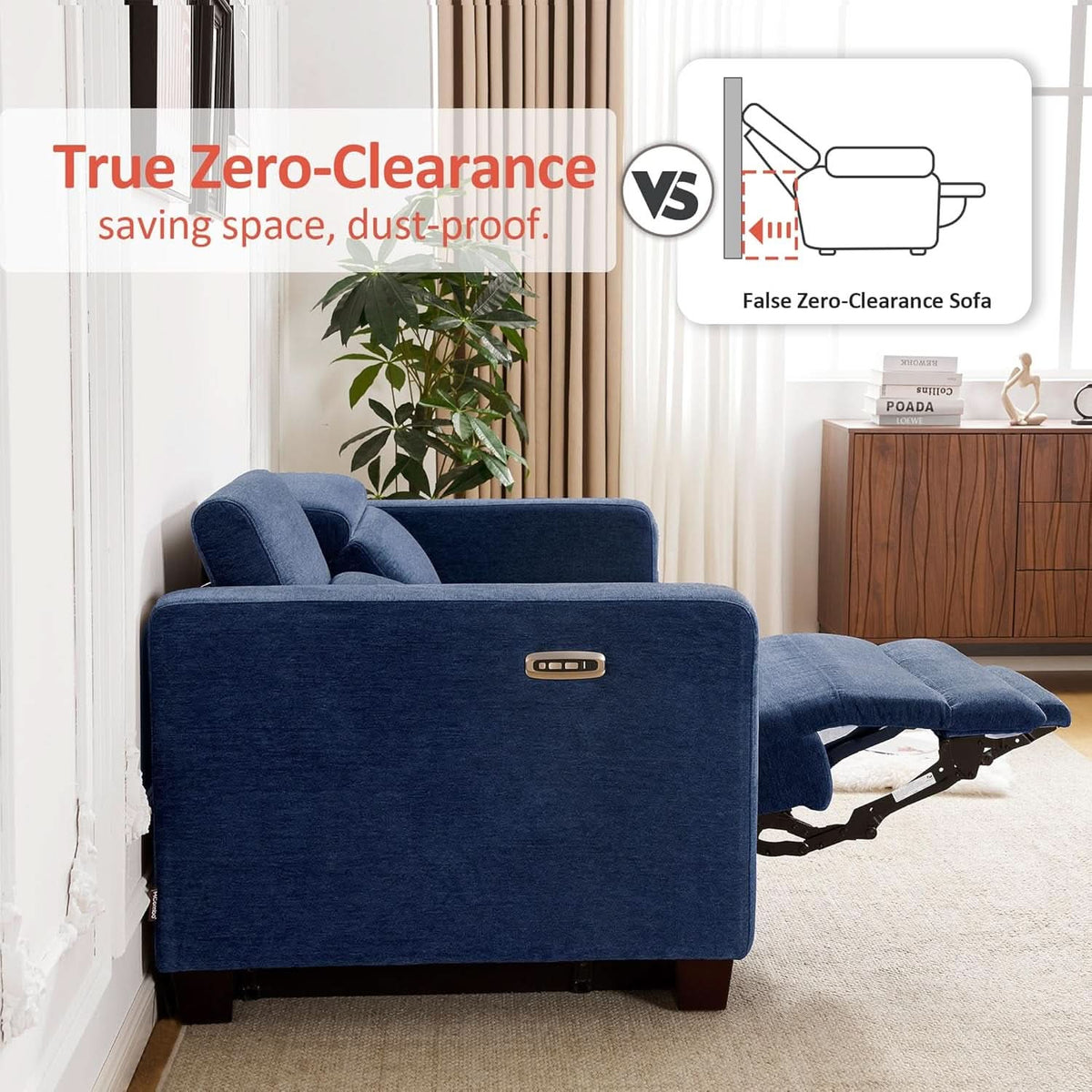 Navy Blue Zero Wall Hugger Power Reclining Sofa USB Ports ShipItFurniture