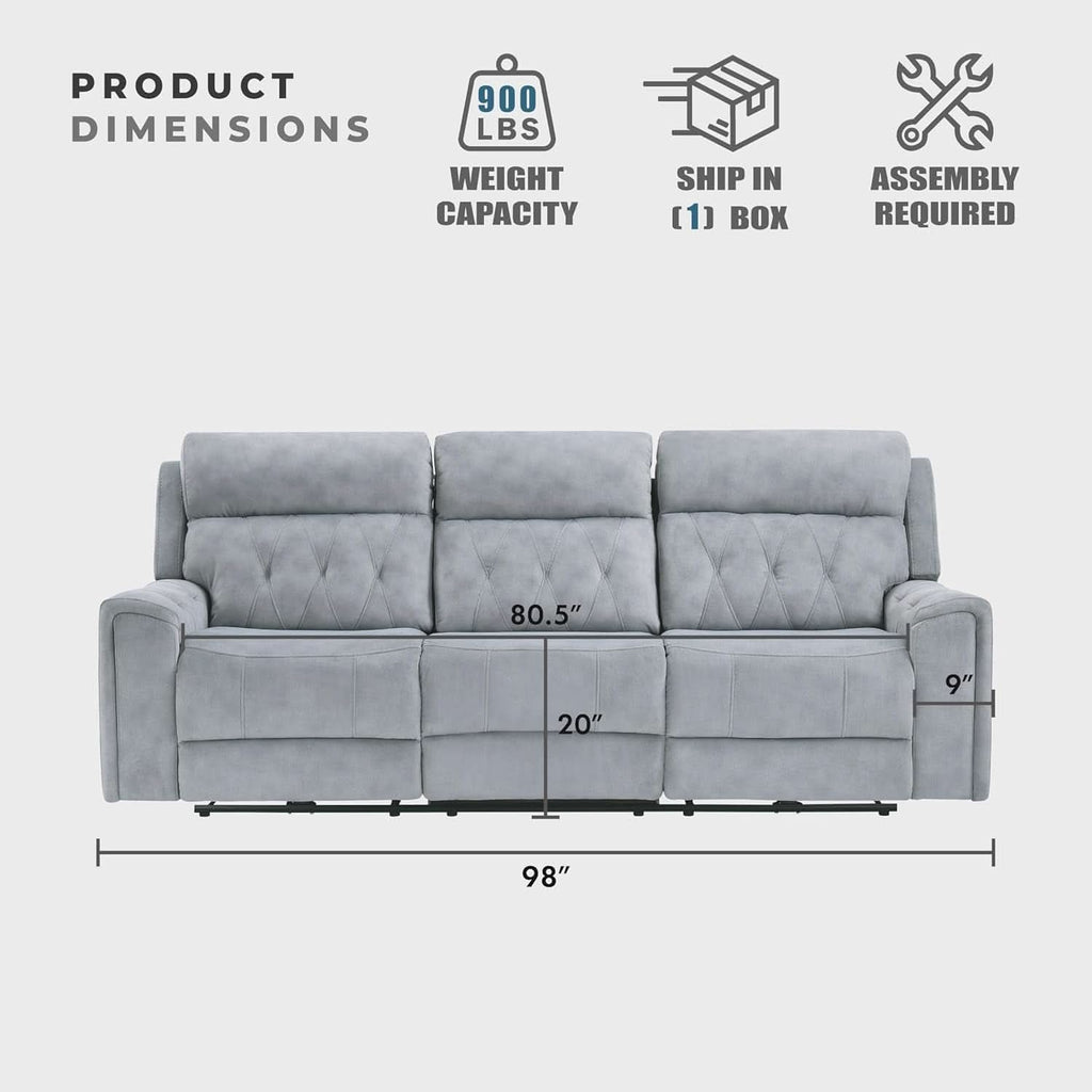 Power Double Reclining Sofa Gray Microfiber Cushioned ShipItFurniture