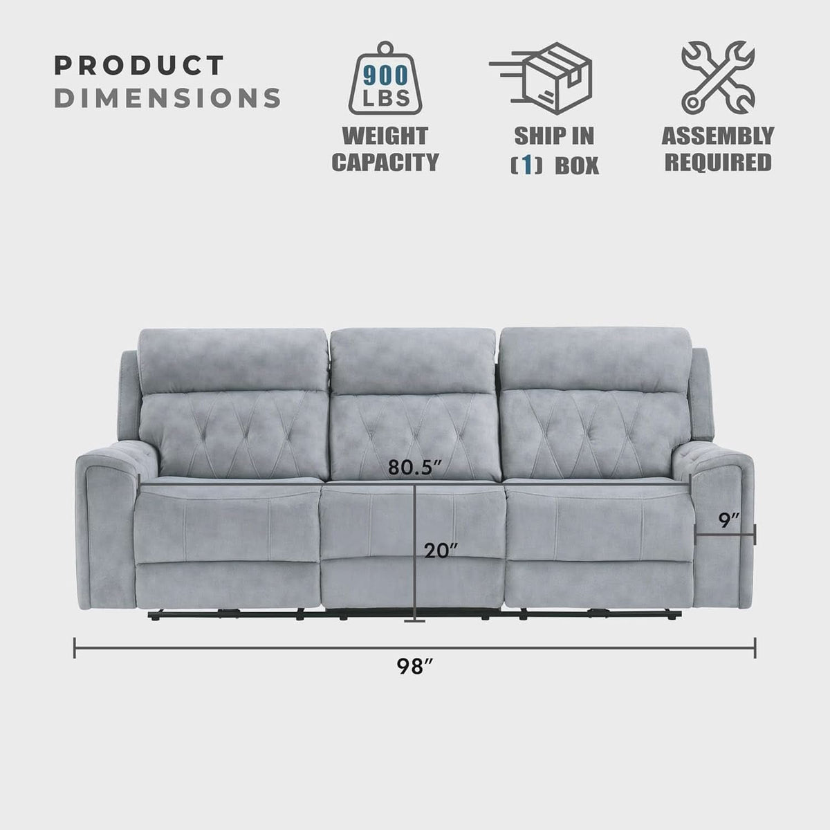 Power Double Reclining Sofa Gray Microfiber Cushioned ShipItFurniture