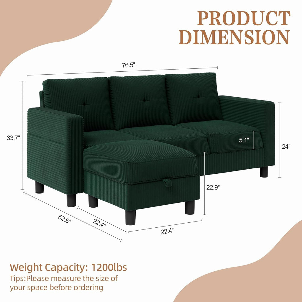 Green 76 Inches Upholstered Sectional Sofa Storage ShipItFurniture
