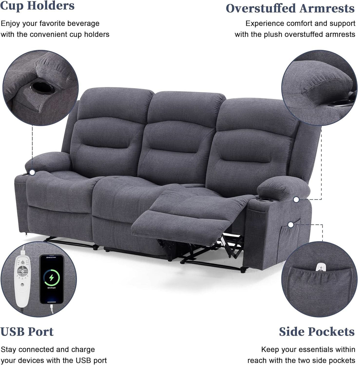 Grey Recliner Sofa With Therapeutic Massage Experience ShipItFurniture