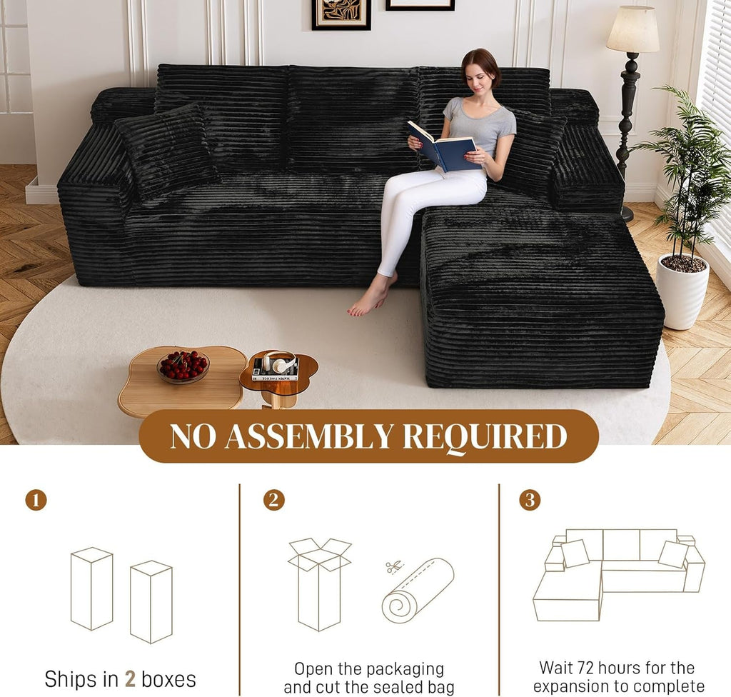108 Inch Corduroy Left Facing Sectional Sofa Charcoal ShipItFurniture