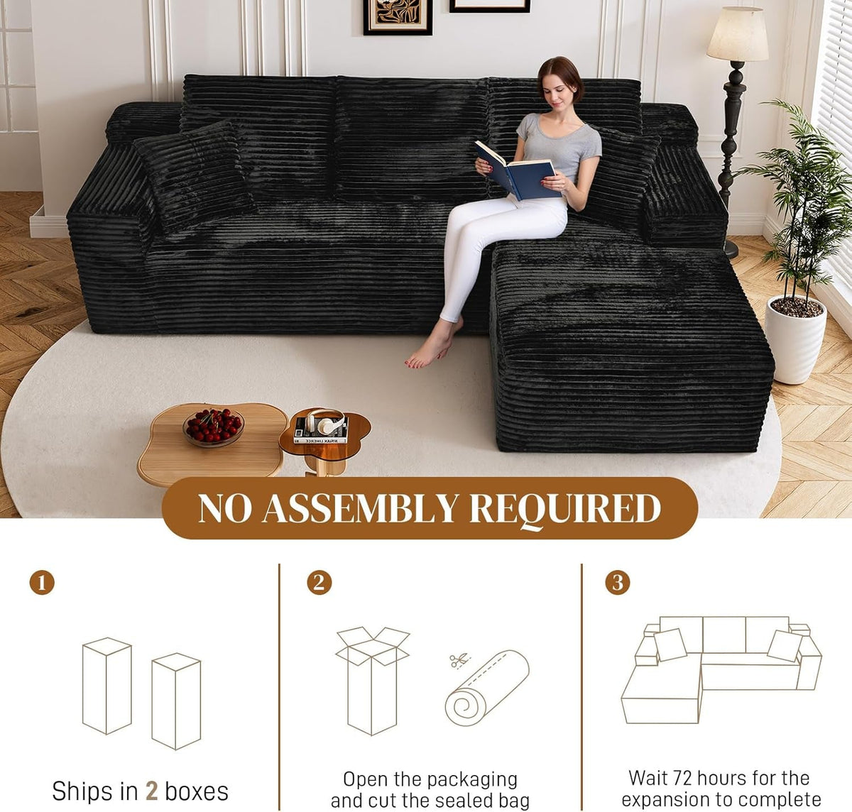 108 Inch Corduroy Left Facing Sectional Sofa Charcoal ShipItFurniture