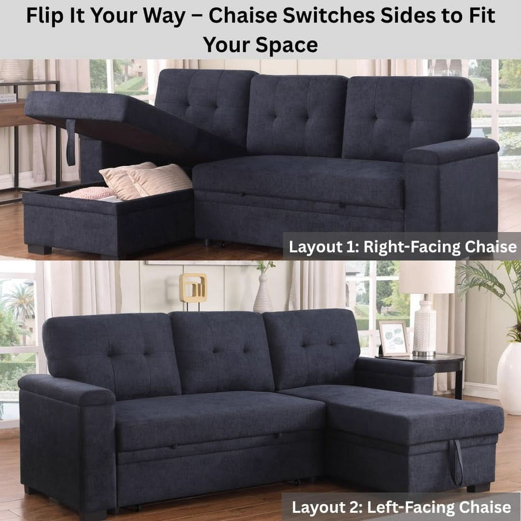 85Inch Dark Gray Reversible Sleeper Sectional Sofa ShipItFurniture