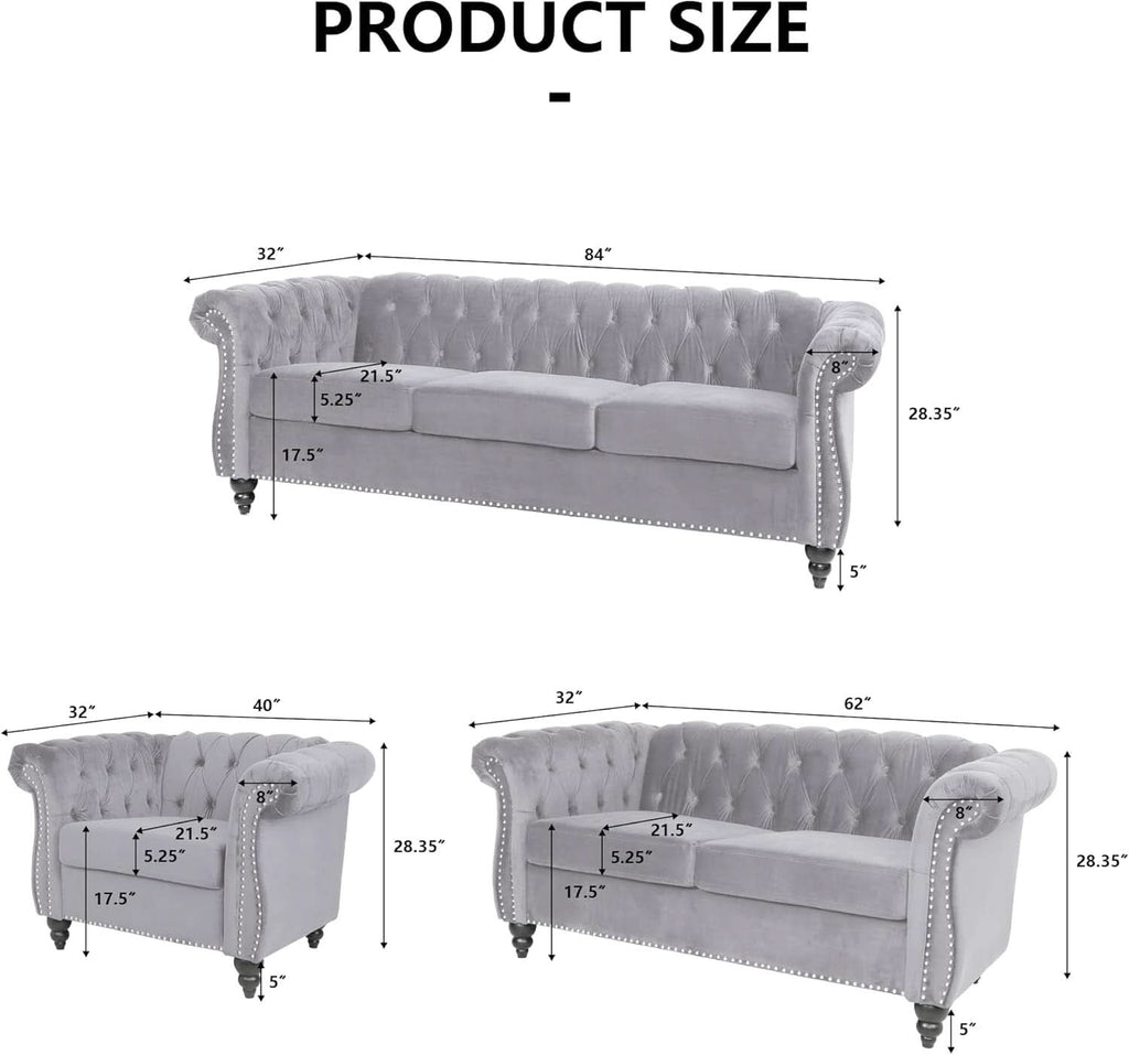 Three Piece Living Room Sofa Set Grey Velvet Chesterfield Sofa Club Chair Loveseat Nailhead Trim ShipItFurniture