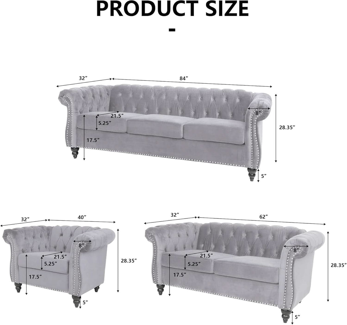 Three Piece Living Room Sofa Set Grey Velvet Chesterfield Sofa Club Chair Loveseat Nailhead Trim ShipItFurniture