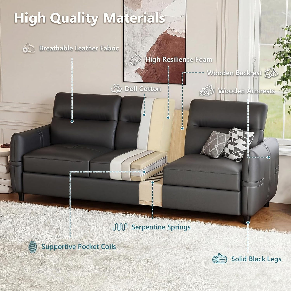 85Inch Black Faux Leather Executive Sofa USB Charging Ports ShipItFurniture