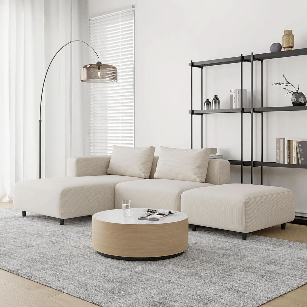 Soft Corduroy Sectional Sofa Set L Shaped Cream Modular ShipItFurniture