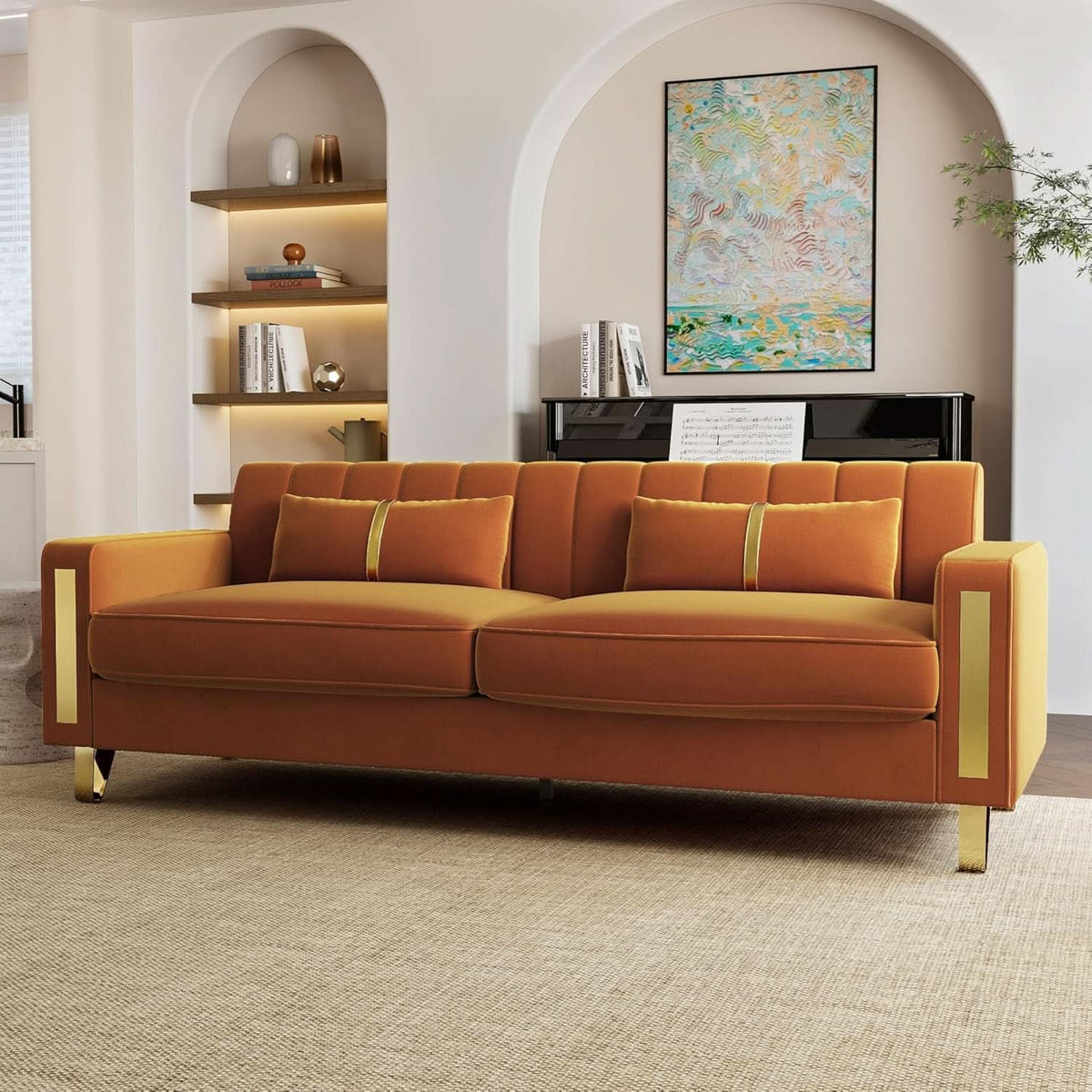 2 Piece Orange Velvet Loveseat Couch Set With Gold Metal Legs 86 Inch Living Room Sofa With 4 Pillows ShipItFurniture