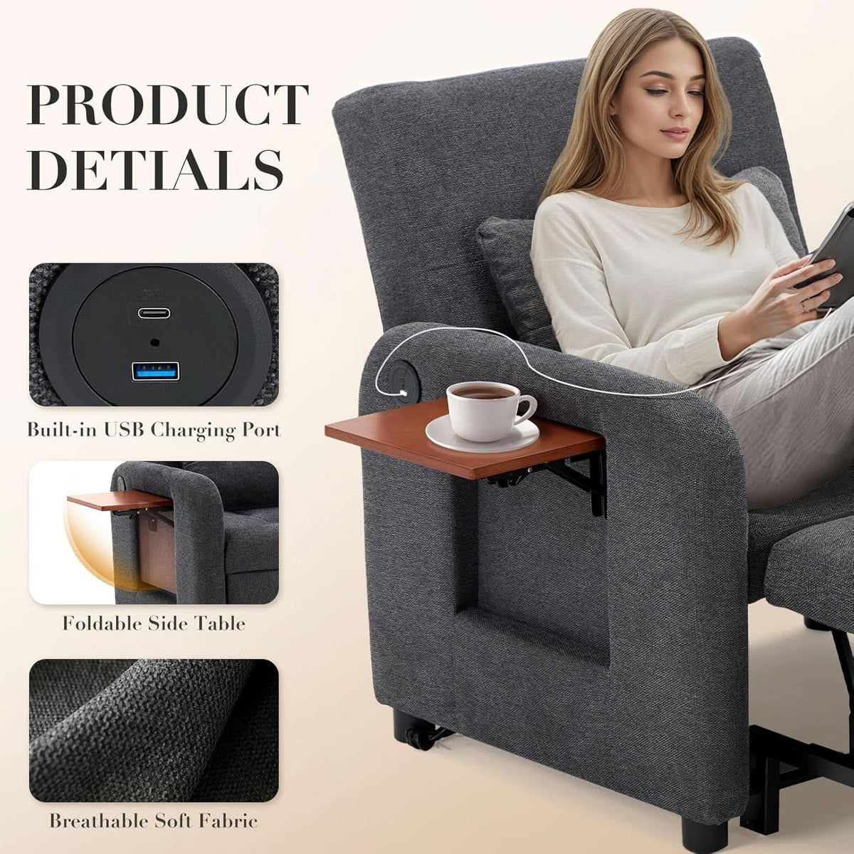 Convertible Sleeper Armchair Charcoal Gray USB Port ShipItFurniture
