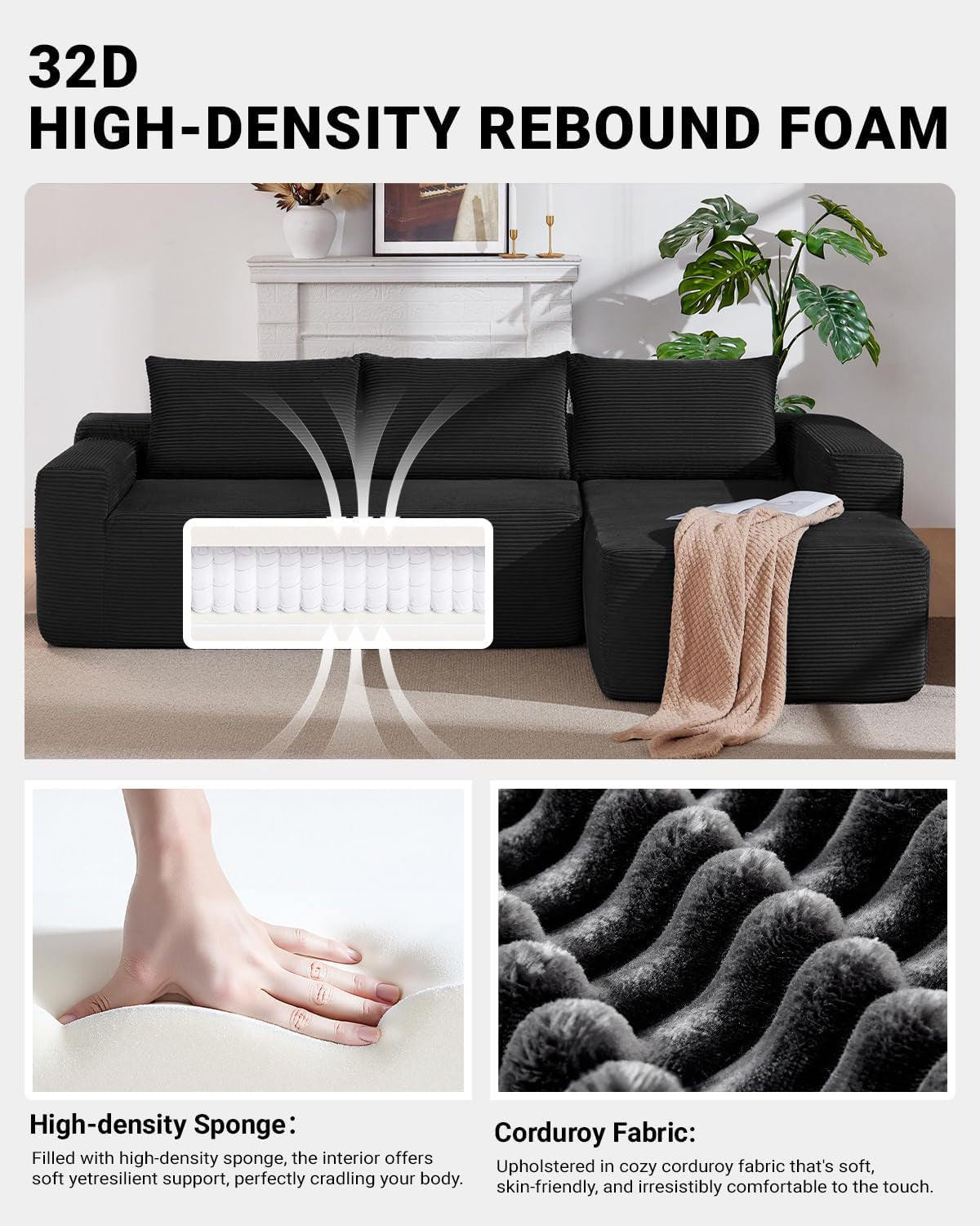 96 Inch Cloud Contemporary Sectional Sofa Charcoal ShipItFurniture