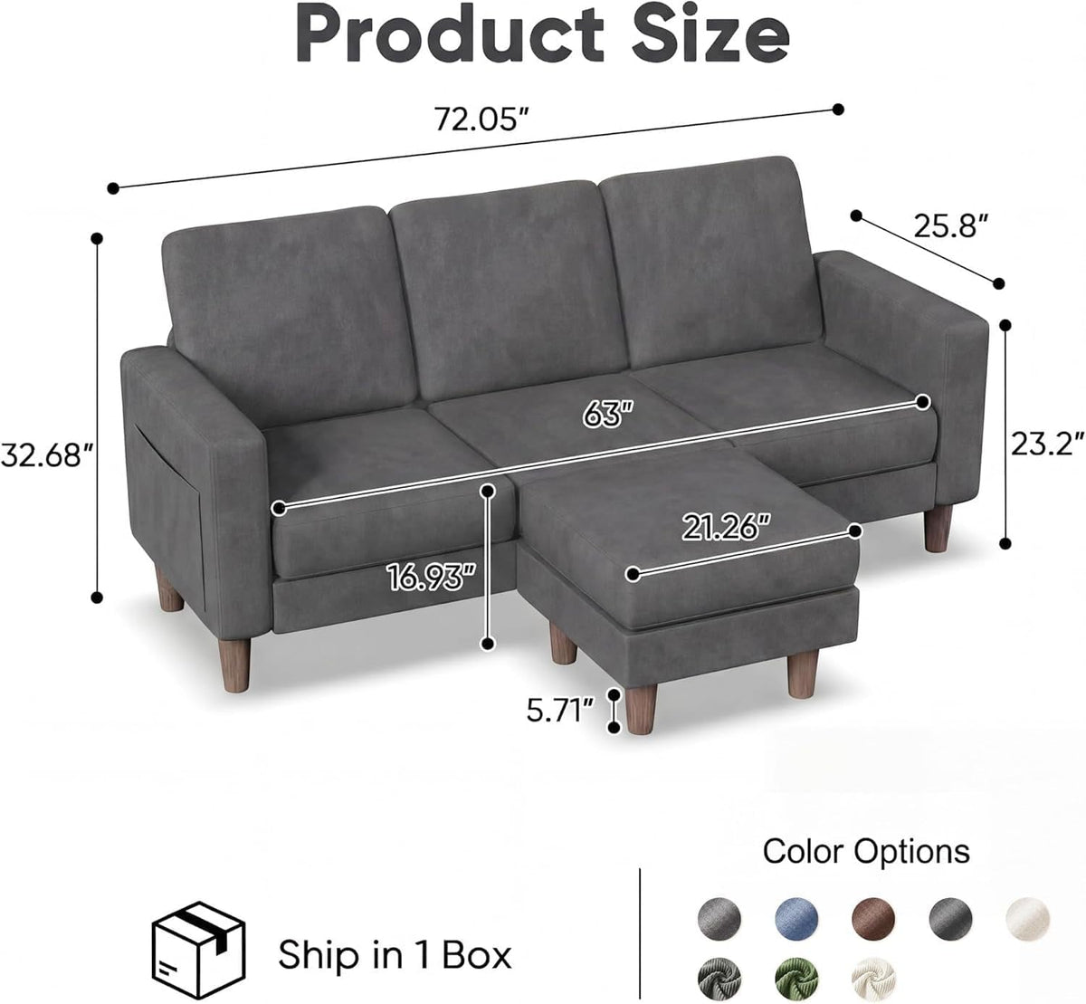 L-Shaped Sectional Sofa Graphite Grey Storage Ottoman ShipItFurniture