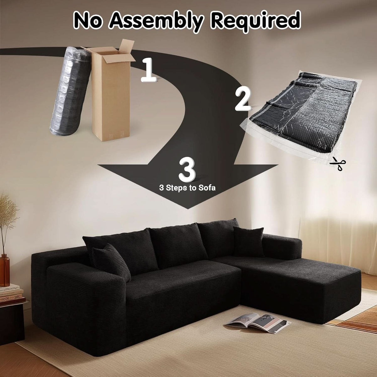 104 Inch Black Corduroy L Shaped Sectional Sofa Deep Set Upholstered Modular Couch No Assembly ShipItFurniture