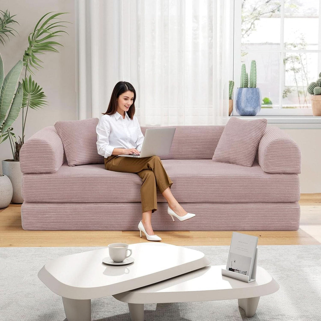 Transformable Sofa Bed QueenSize Pink Folding Frame ShipItFurniture