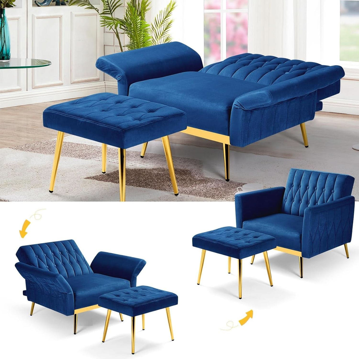 Velvet Futon Sofa Set Two Piece With Convertible Sofa Bed And Tufted Accent Chair In Blue ShipItFurniture