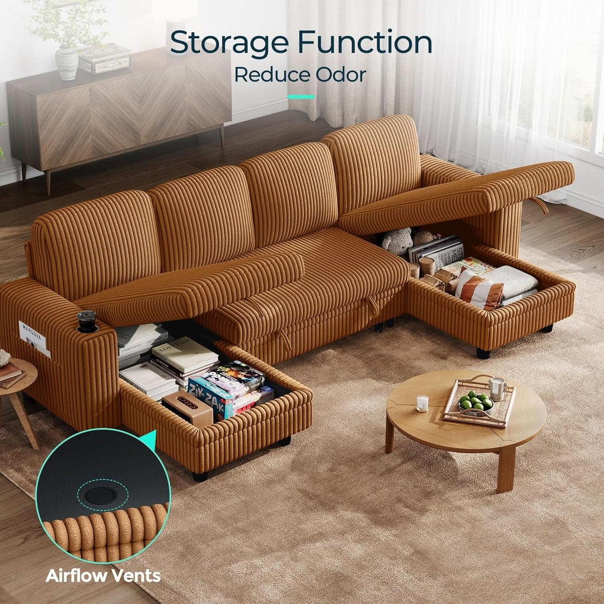 Brown UShaped Convertible Sectional Sofa Bed USBPort ShipItFurniture