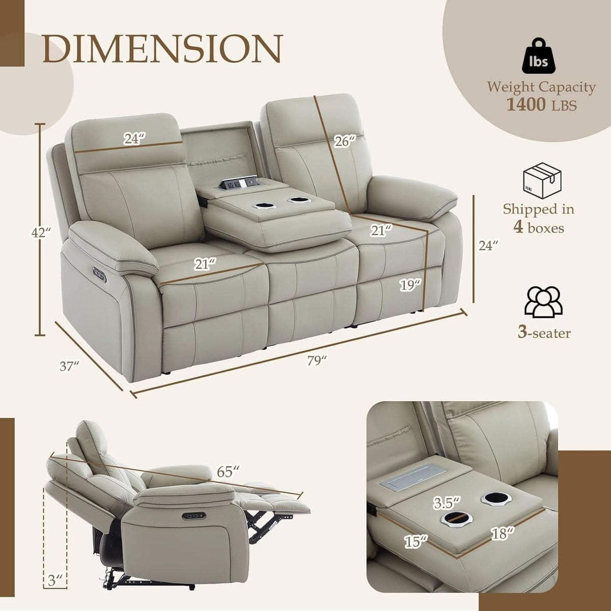 Grey Power Reclining Sofa With Fold Down Table Usb Type C ShipItFurniture