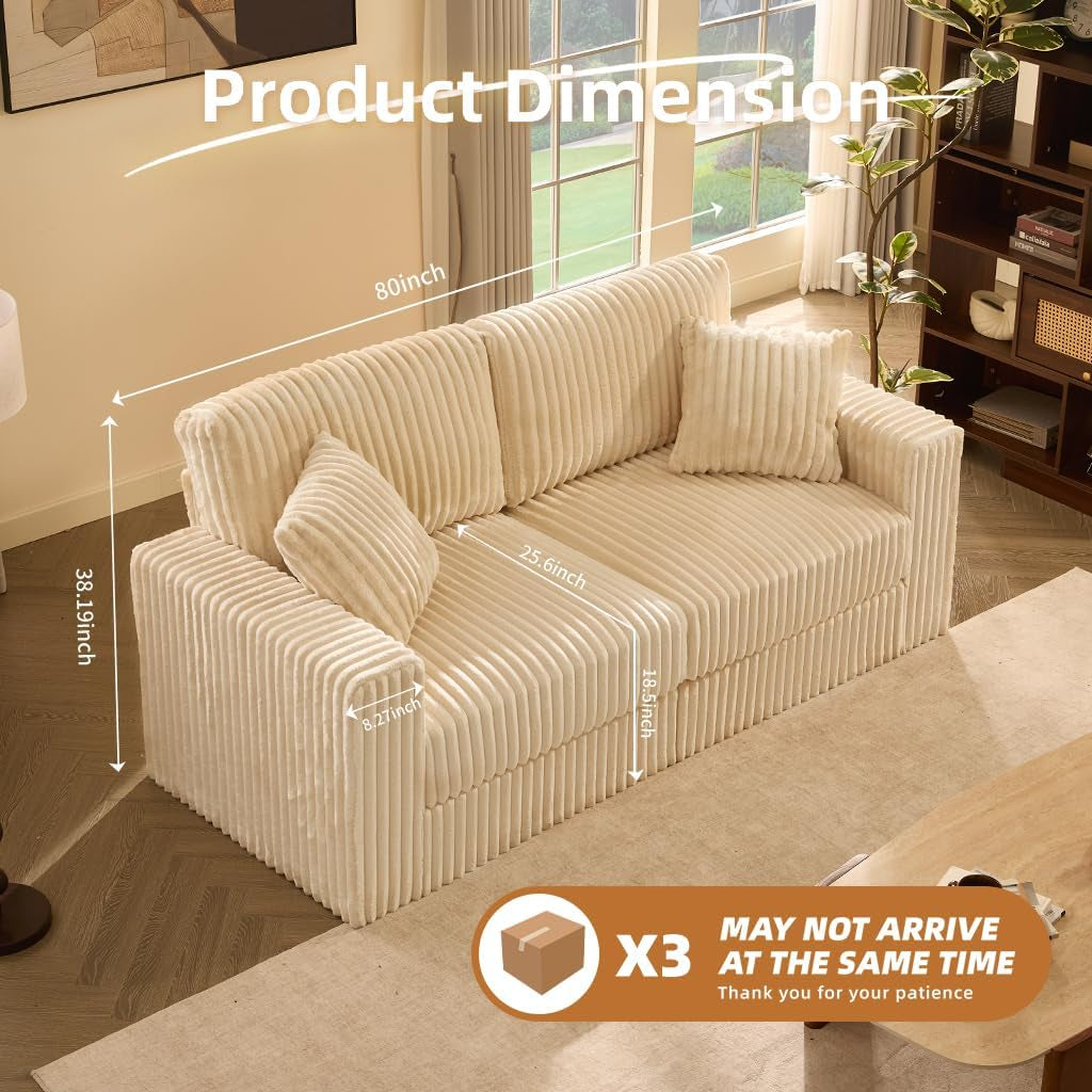 White Eighty Inch Corduroy Upholstered Sofa Cushions ShipItFurniture