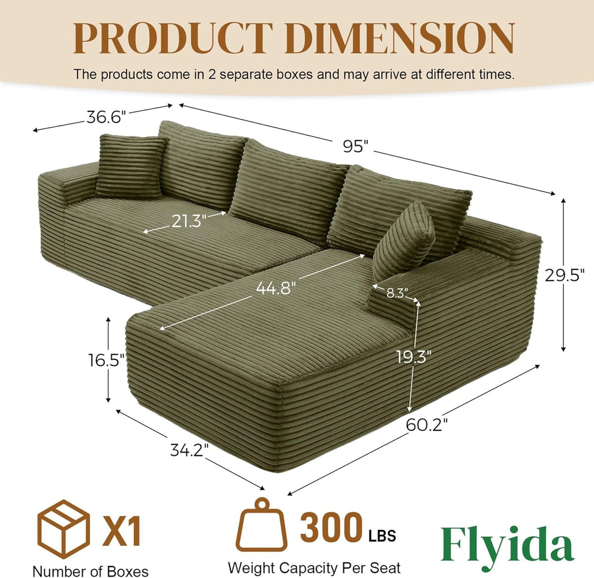 95 Inch Boneless Cloudlike Sectional Sofa MemoryFoam ShipItFurniture