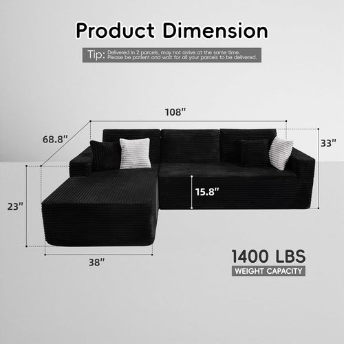 108 Inches Left Facing High End Sectional Sofa Black ShipItFurniture