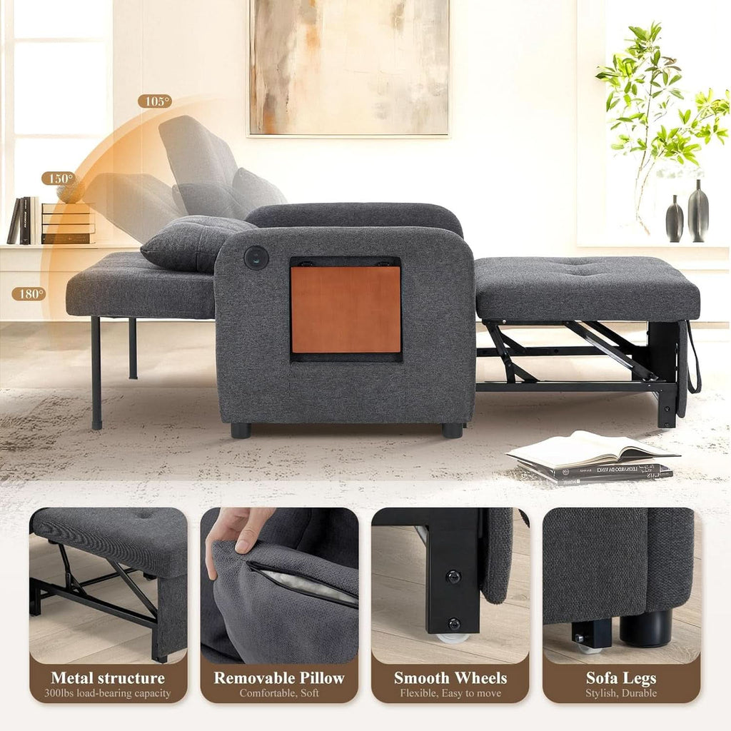 Convertible Sleeper Armchair Charcoal Gray USB Port ShipItFurniture