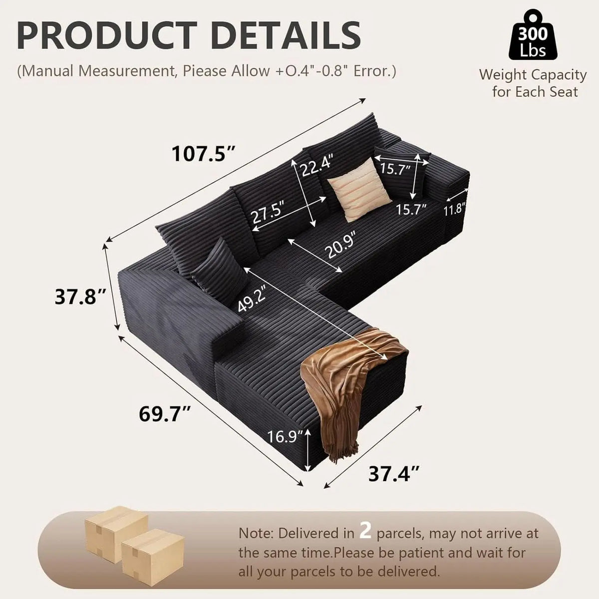 Modern 107 Inch Cloud Sectional Couch with Chaise ShipItFurniture