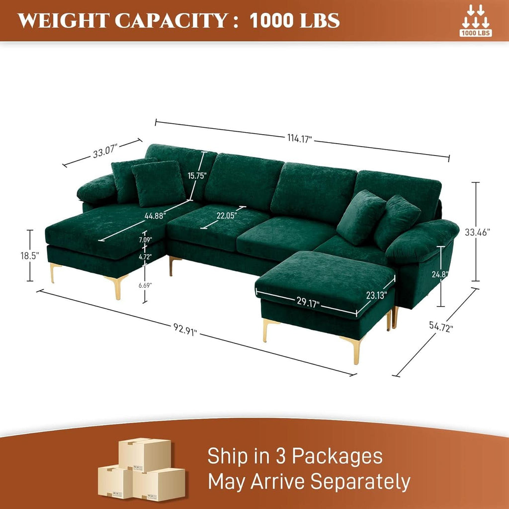 Stylish U Shaped Sectional Sofa Couch with Ottoman ShipItFurniture